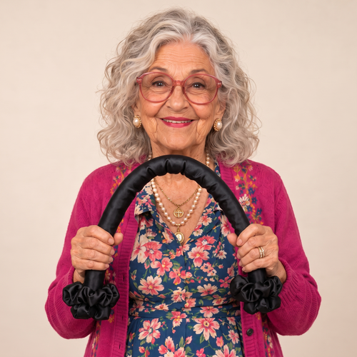 Teta Yasmine holding the black satin heatless curling rod