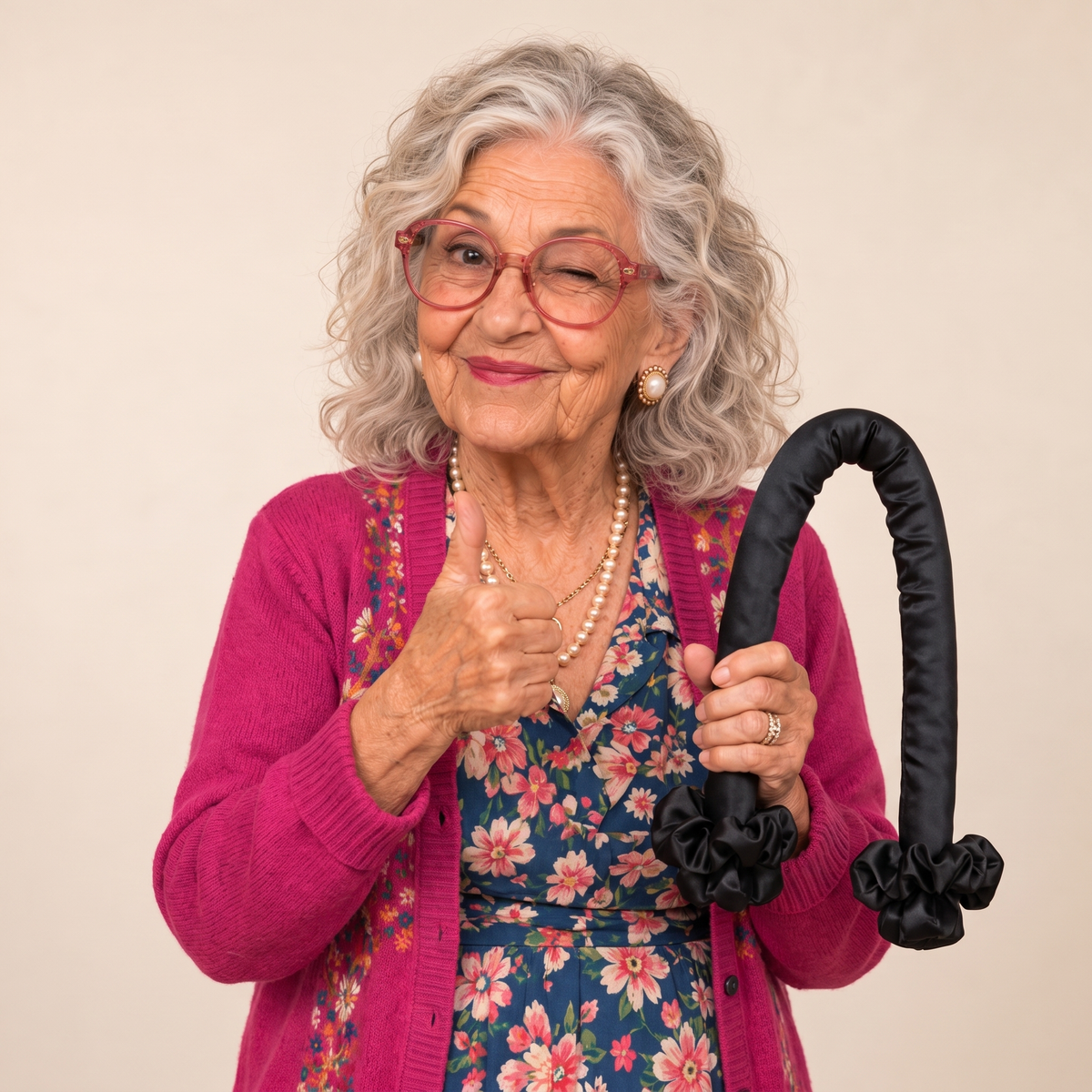 Teta Yasmine giving a thumbs-up with the heatless curling rod